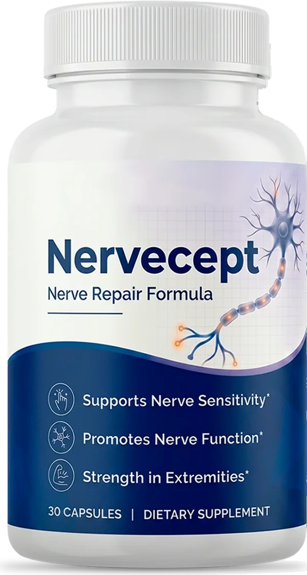 One white Nervecept bottle with a lavender and navy label