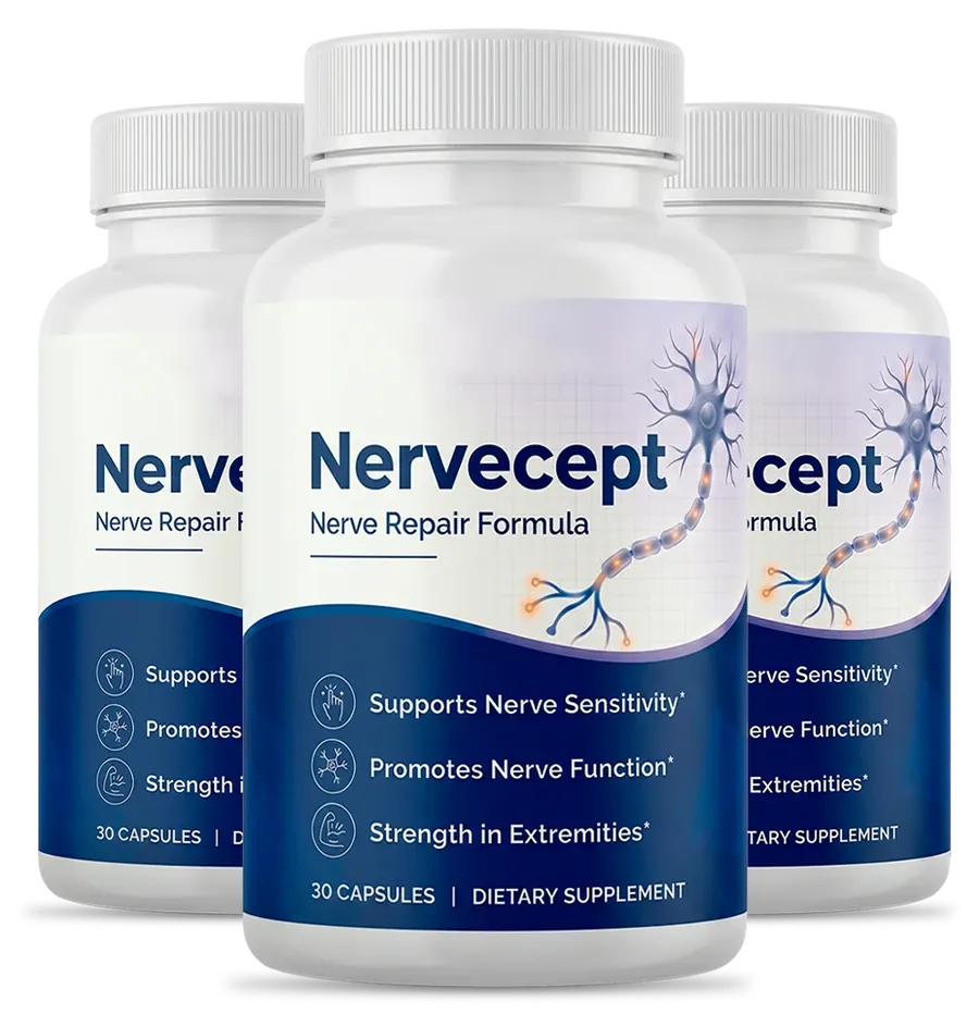 3 white Nervecept bottles with the navy and lavender label