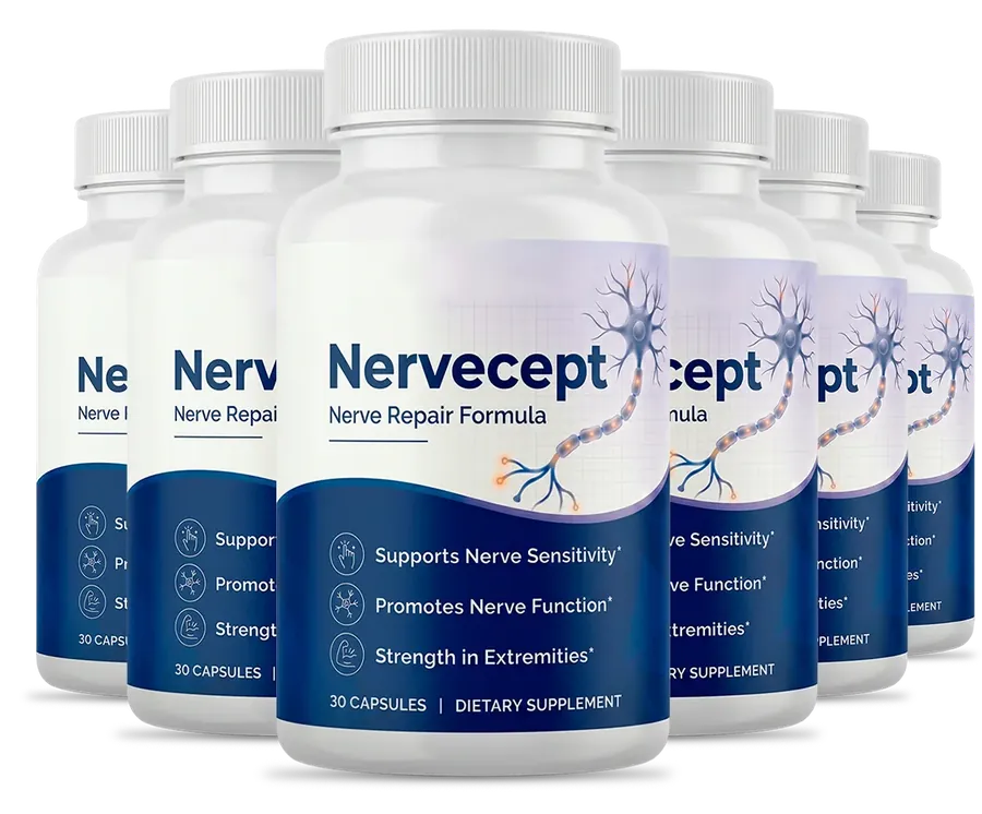 6 white Nervecept bottles with the navy and lavender label