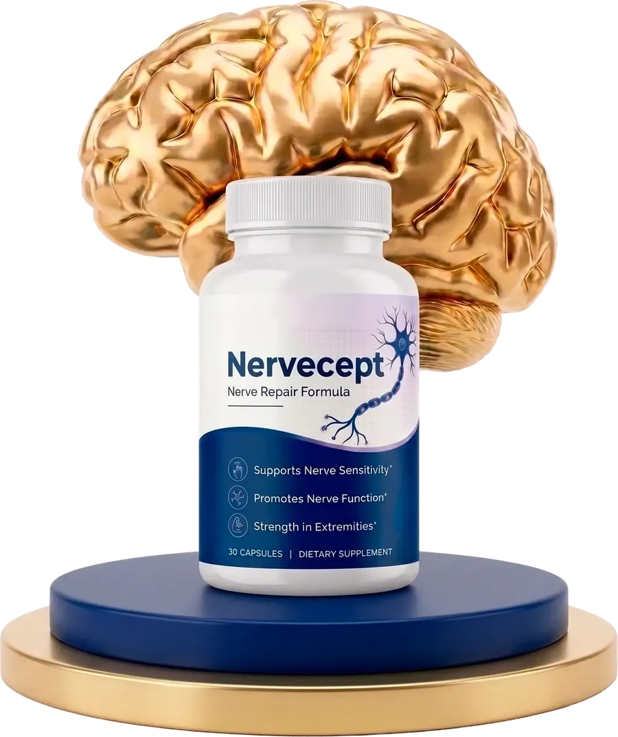 A white Nervecept bottle on a navy and gold stand in front of a large gold brain sculpture