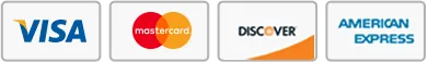 Payment logos on white tiles: Visa, Mastercard, Discover and American Express