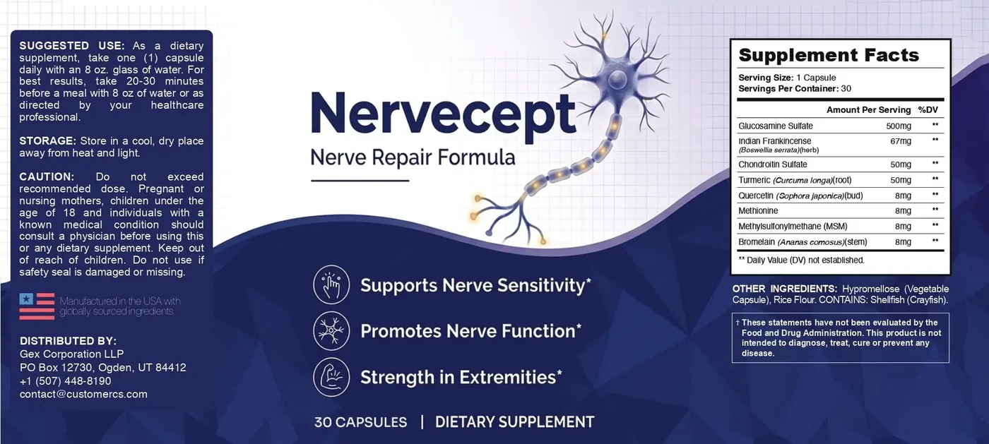 The flat Nervecept label: suggested use, storage, caution and distributor on the left; Nervecept, Nerve Repair Formula and three claims in the middle; Supplement Facts on the right