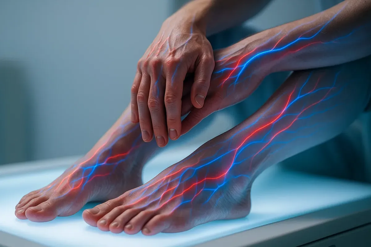 Bare feet and a hand with red and blue nerve lines drawn over the skin