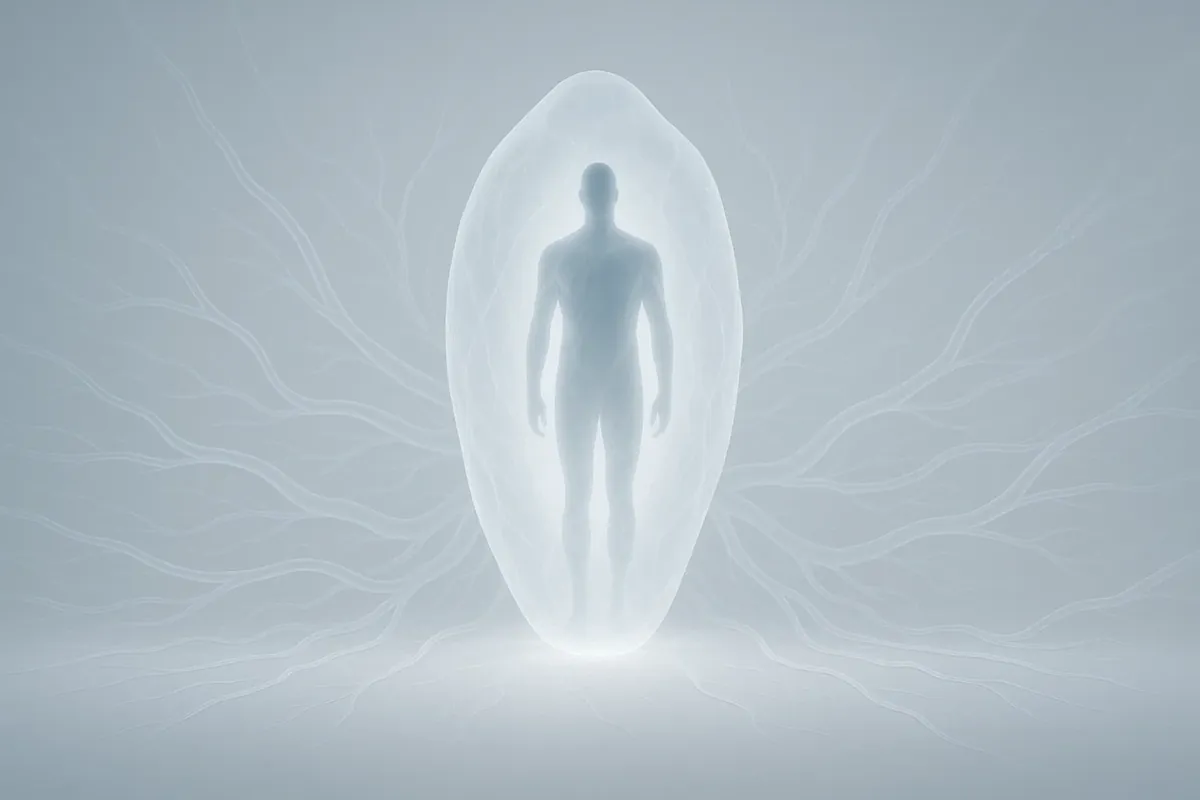A pale human figure inside a glowing oval with nerve-like threads