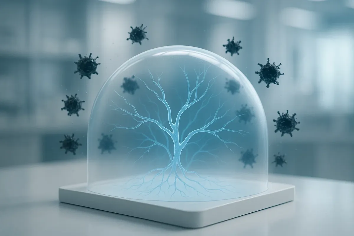 A glass dome over a glowing nerve tree, with dark virus-like particles outside it