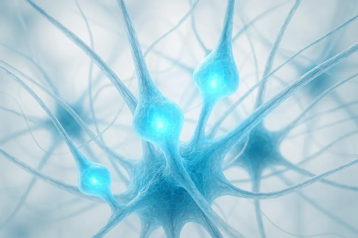 Glowing blue nerve cells connected in a network