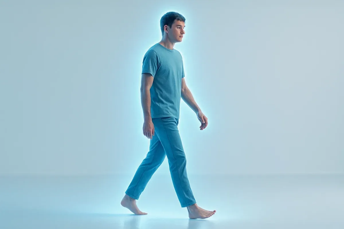 A barefoot man in blue clothes walking on a pale blue floor